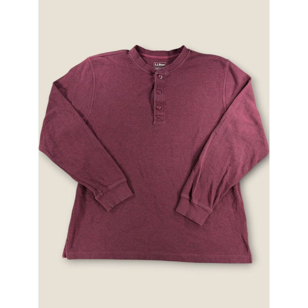 LL Bean Mens Large Burgundy Waffle Knit Henley Shirt Long Sleeve 502224 Maroon